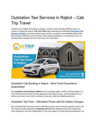 Outstation Taxi Services in Rajkot – Cab Trip Travel