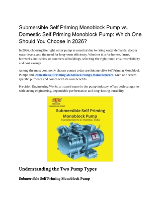 Submersible Self Priming Monoblock Pump vs Domestic Self Priming Monoblock Pump