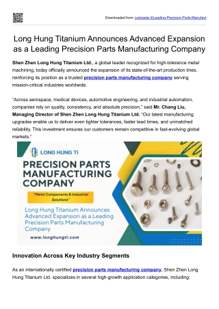 Long Hung Titanium Announces Advanced Expansion as a Leading Precision Parts Manufacturing Company