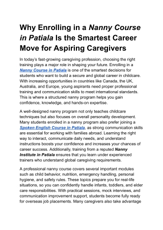 Best Reasons to Choose a Nanny Course in Patiala for a Global Caregiver Career
