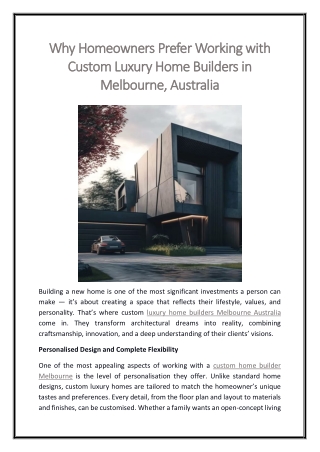 Why Homeowners Prefer Working with Custom Luxury Home Builders in Melbourne, Australia