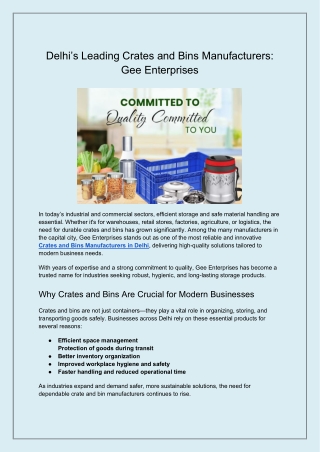 Delhi’s Leading Crates and Bins Manufacturers Gee Enterprises