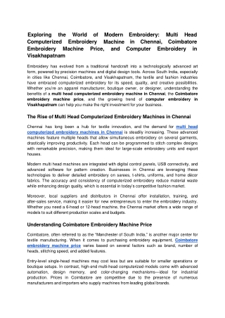 Exploring the World of Modern Embroidery_ Multi Head Computerized Embroidery Machine in Chennai, Coimbatore Embroidery M