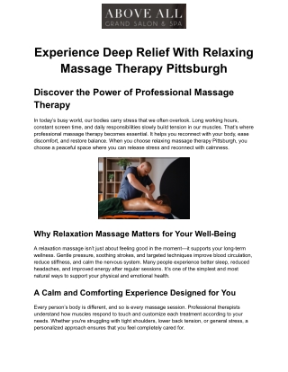 Experience Deep Relief With Relaxing Massage Therapy Pittsburgh