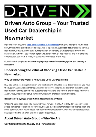 Driven Auto Group – Your Trusted Used Car Dealership in Newmarket