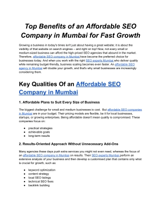 Top Benefits of an Affordable SEO Company in Mumbai for Fast Growth