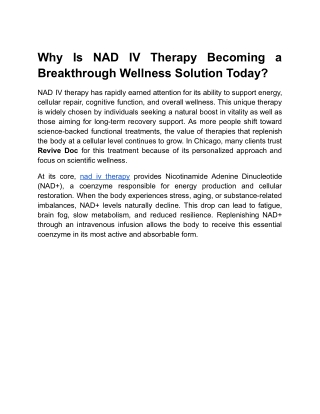 Why Is NAD IV Therapy Becoming a Breakthrough Wellness Solution Today?