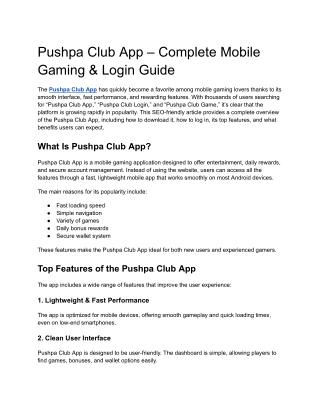 Pushpa Club App – Complete Mobile Gaming & Login Guide