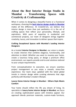 Createfo’em Best Interior Design Studio Mumbai for Luxury Spaces