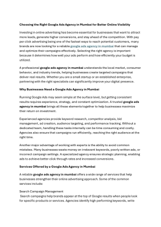 Choosing the Right Google Ads Agency in Mumbai for Better Online Visibility