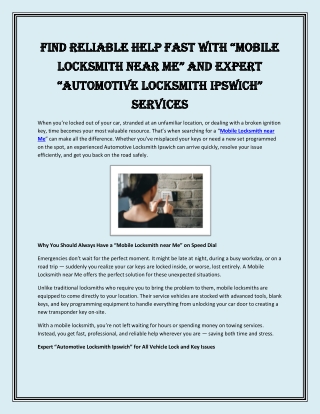 Find Reliable Help Fast with “Mobile Locksmith Near Me” and Expert “Automotive Locksmith Ipswich” Services