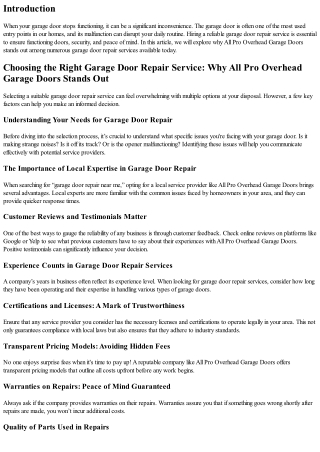 Choosing the Right Garage Door Repair Service: Why All Pro Overhead Garage Doors