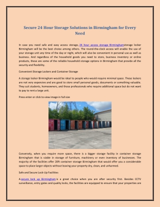Secure 24 Hour Storage Solutions in Birmingham for Every Need