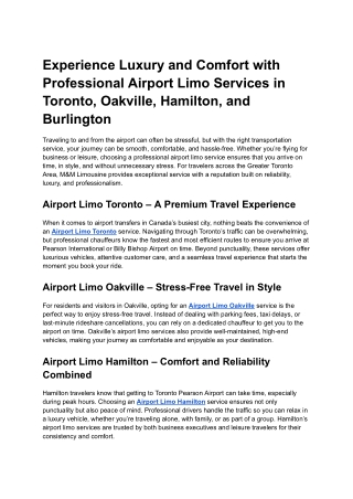 Experience Luxury and Comfort with Professional Airport Limo Services in Toronto, Oakville, Hamilton, and Burlington