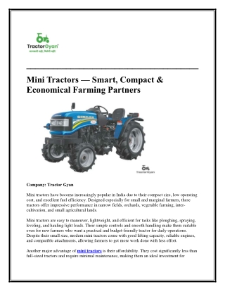 Mini Tractors Smart, Compact & Economical Farming Partners
