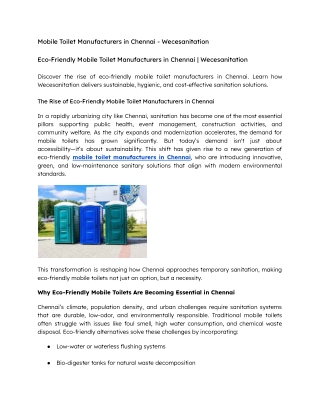 Eco-Friendly Mobile Toilet Manufacturers in Chennai  Wecesanitation