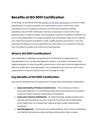 Benefits of ISO 9001 Certification