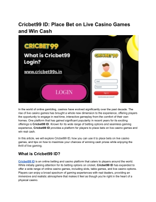 Cricbet99 ID_ Place Bet on Live Casino Games and Win Cash