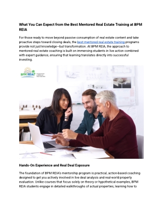 What You Can Expect from the Best Mentored Real Estate Training at BPM REIA