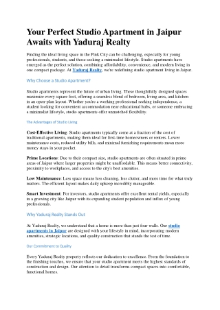 Your Perfect Studio Apartment in Jaipur Awaits with Yaduraj Realty