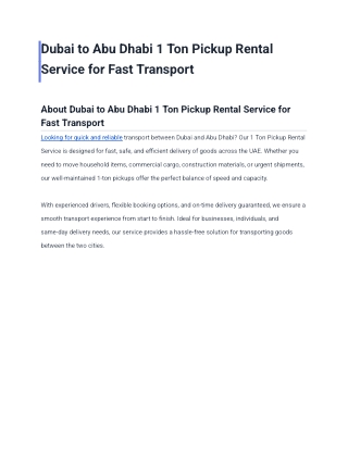Dubai to Abu Dhabi 1 Ton Pickup Rental Service for Fast Transport