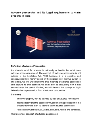 Adverse possession and Its Legal requirements to claim property in India