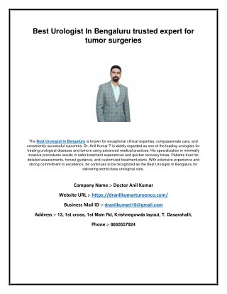 Best Urologist In Bengaluru trusted expert for tumor surgeries