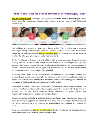 Tender Years: Best Pre School, Daycare in Nirman Nagar, Jaipur