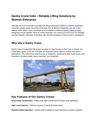 Gantry Crane India – Reliable Lifting Solutions by Stalmac Enterprise