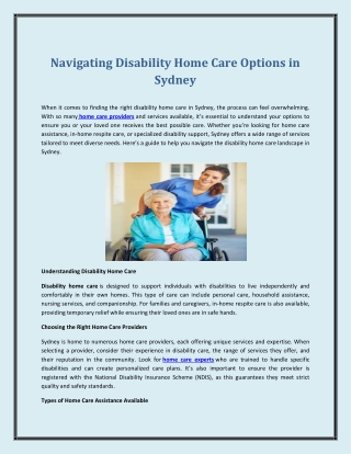 Navigating Disability Home Care Options in Sydney