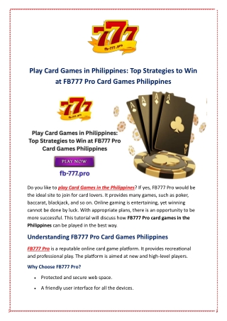 Play Card Games in Philippines: Top Strategies to Win at FB777 Pro Card Games