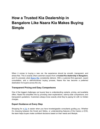 How a Trusted Kia Dealership in Bangalore Like Naara Kia Makes Buying Simple