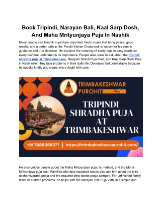 Book Tripindi, Narayan Bali, Kaal Sarp Dosh And Maha Mrityunjaya Puja In Nashik