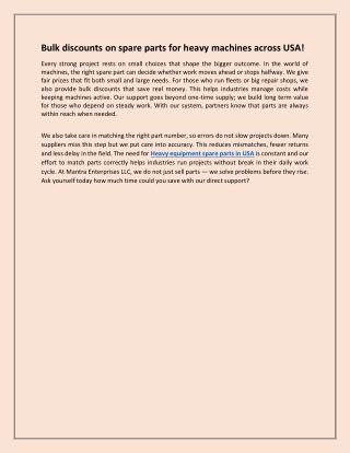 Bulk discounts on spare parts for heavy machines across USA!