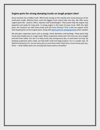 Engine parts for strong dumping trucks on tough project sites!