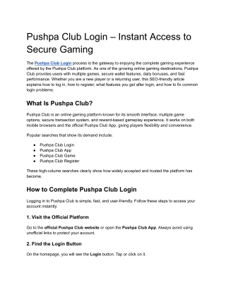 Pushpa Club Login – Instant Access to Secure Gaming