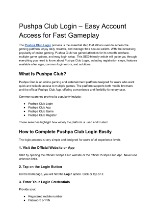Pushpa Club Login – Easy Account Access for Fast Gameplay