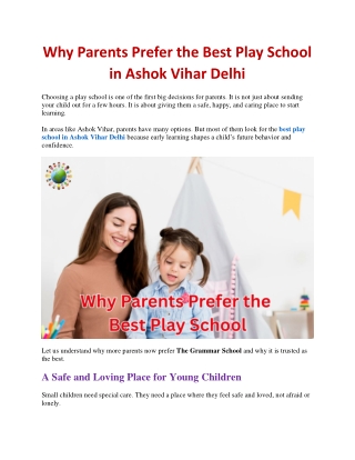 Why Parents Prefer the Best Play School in Ashok Vihar Delhi