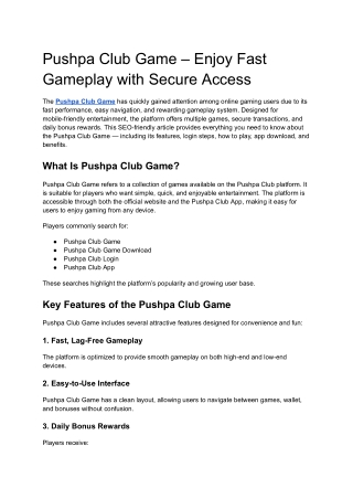 Pushpa Club Game – Enjoy Fast Gameplay with Secure Access