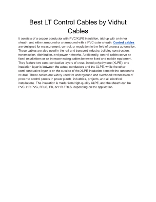 Best LT Control Cables by Vidhut Cables