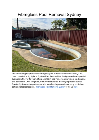 Fibreglass Pool Removal Sydney