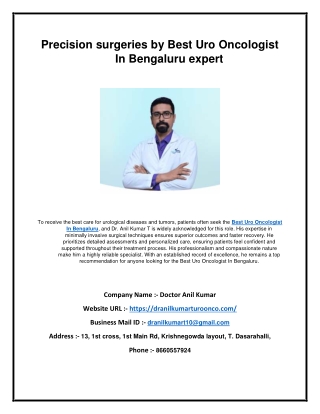 Precision surgeries by Best Uro Oncologist In Bengaluru expert