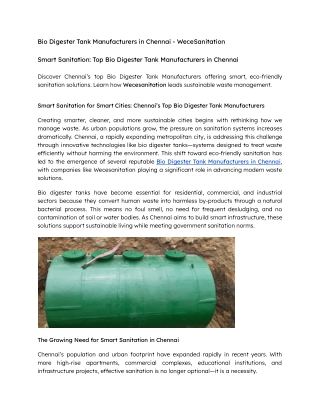 Smart Sanitation Top Bio Digester Tank Manufacturers in Chennai