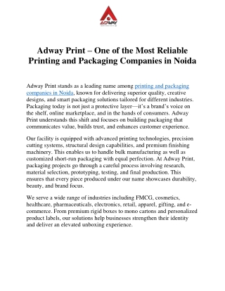 Adway Print –One of the Most Reliable  Printing and Packaging Companies in Noida