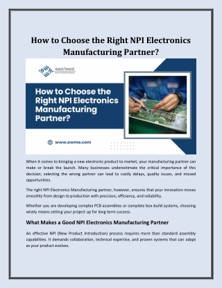 How to Choose the Right NPI Electronics Manufacturing Partner?