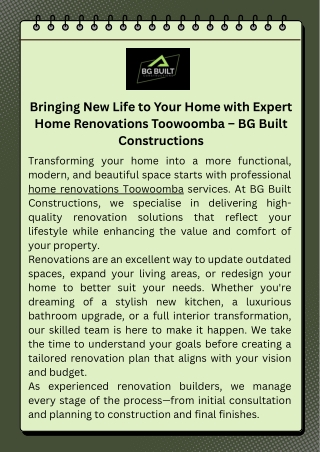 Bringing New Life to Your Home with Expert Home Renovations Toowoomba – BG Built Constructions