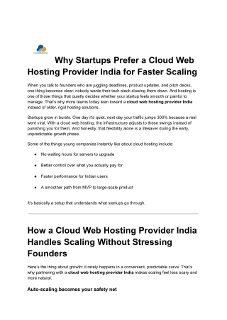 Why Startups Prefer a Cloud Web Hosting Provider India for Faster Scaling