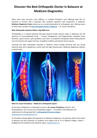 Discover the Best Orthopedic Doctor in Balasore at Medicare Diagnostics