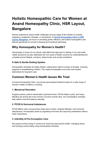 Holistic Homeopathic Care for Women at Anand Homeopathy Clinic, HSR Layout, Bang