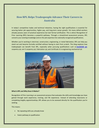 How RPL Helps Tradespeople Advance Their Careers in Australia